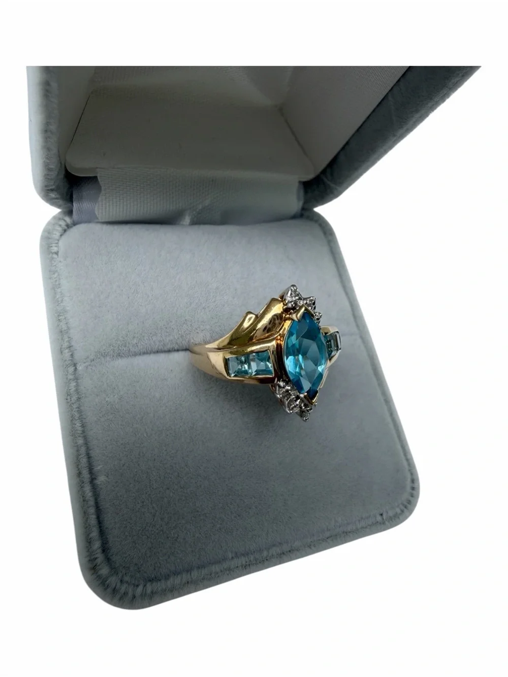 Gold 10K Ring with Marquise Blue Topaz Stone and Diamond Accents Ring Size 7